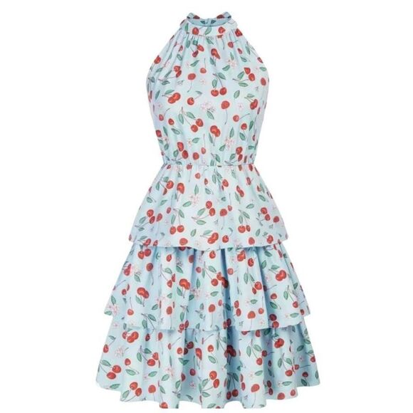 Belle Pogue Women's Baby Blue & Red Cherry Print Poly/Spandex Retro Lined Halter - Picture 1 of 13